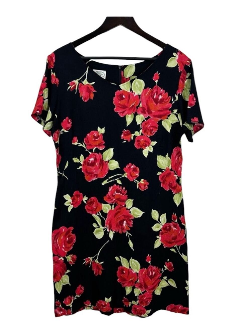 VTG Laura Ashley Women’s Black Floral Shift Dress with Red Rose Print Size 12